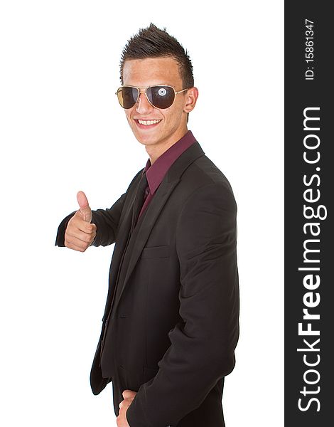 Young stylish businessman with sunglasses isolated over white background. Fresh trendy background. Young stylish businessman with sunglasses isolated over white background. Fresh trendy background.