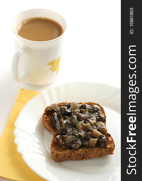 Toast With Mushrooms Paste And A Cup Of Coffee