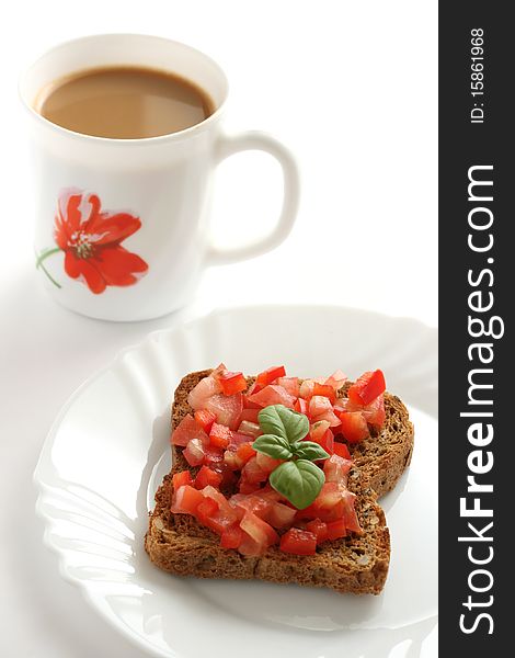 Toast With Cut Tomato And A Cup Of Coffee