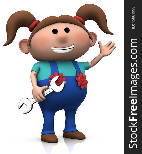 Cartoon girl with wrench - 3d rendering/illustration. Cartoon girl with wrench - 3d rendering/illustration