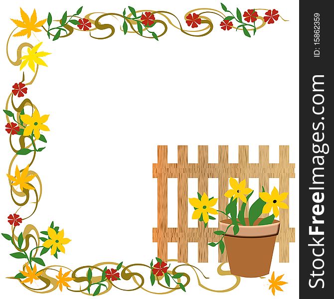 Autumn garden fence and flowerpot frame illustration. Autumn garden fence and flowerpot frame illustration