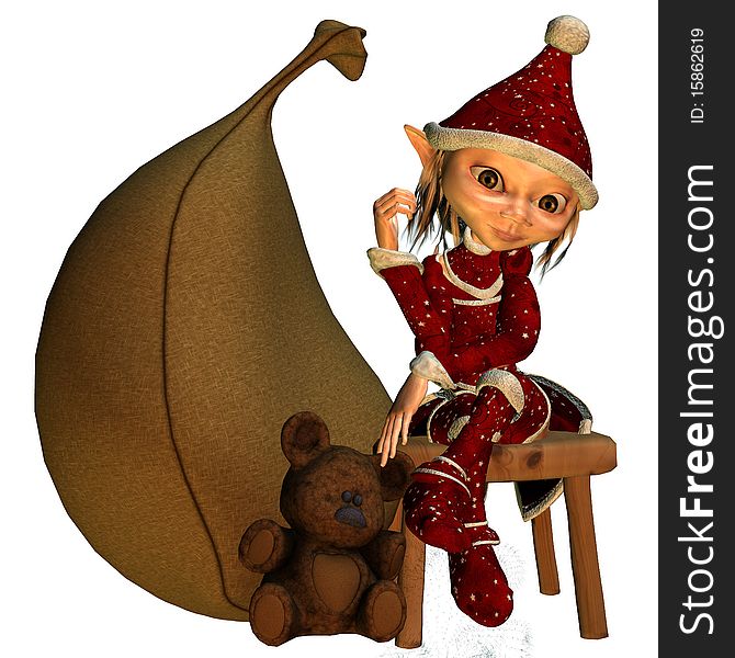 3d rendering of a Christmas elf in waiting pose as illustration in the comic Style. 3d rendering of a Christmas elf in waiting pose as illustration in the comic Style