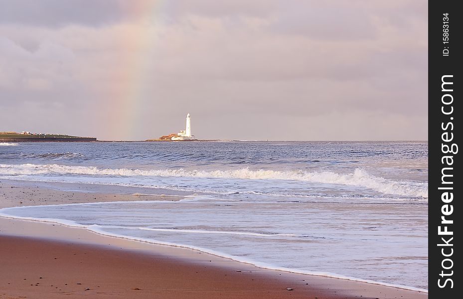 Rainbow at Saint Mary's Lighthouse on the North Sea. Rainbow at Saint Mary's Lighthouse on the North Sea