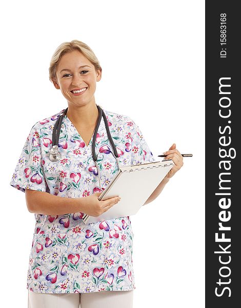 Portrait of young nurse with stethoscope and medical chart