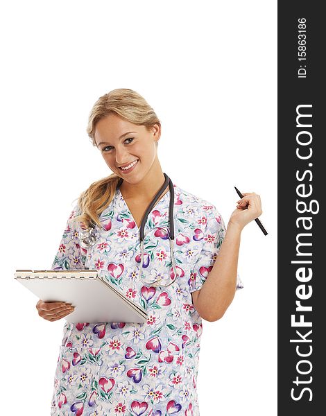 Portrait of young nurse with stethoscope and medical chart