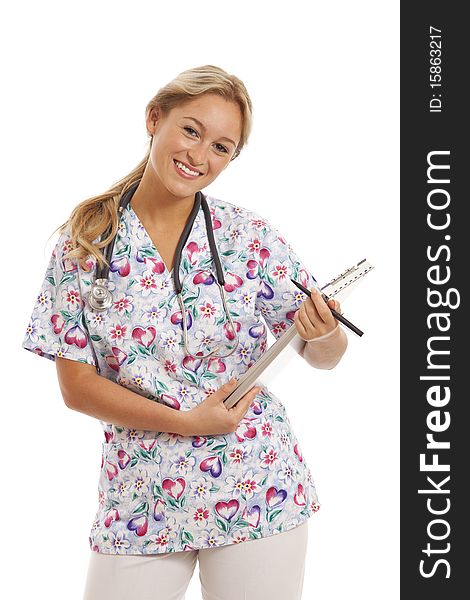 Portrait of young nurse with stethoscope and medical chart