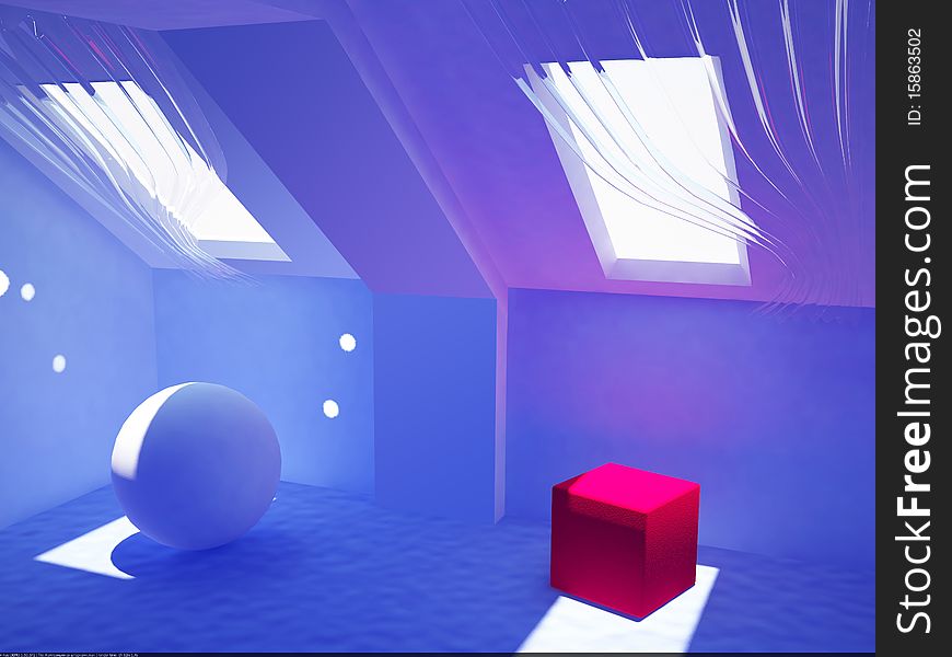 Cube, sphere, sun glare in the decorative interior. Cube, sphere, sun glare in the decorative interior.