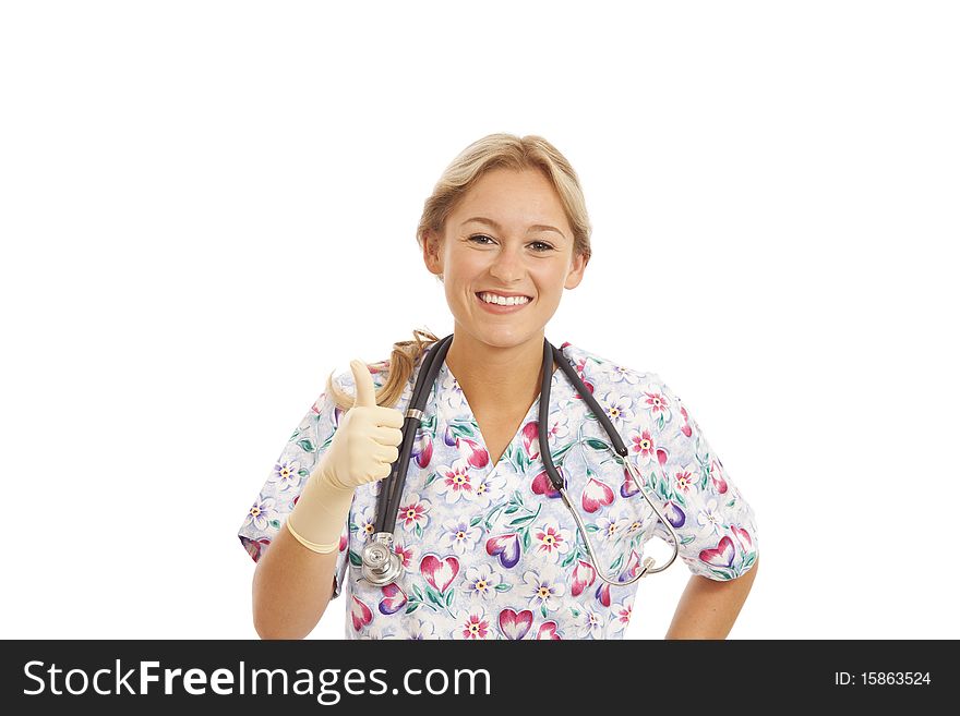 Portrait of young nurse with stethoscope and rubber gloves