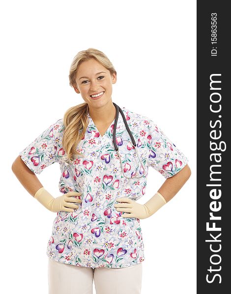 Portrait of young nurse with stethoscope putting on rubber glove