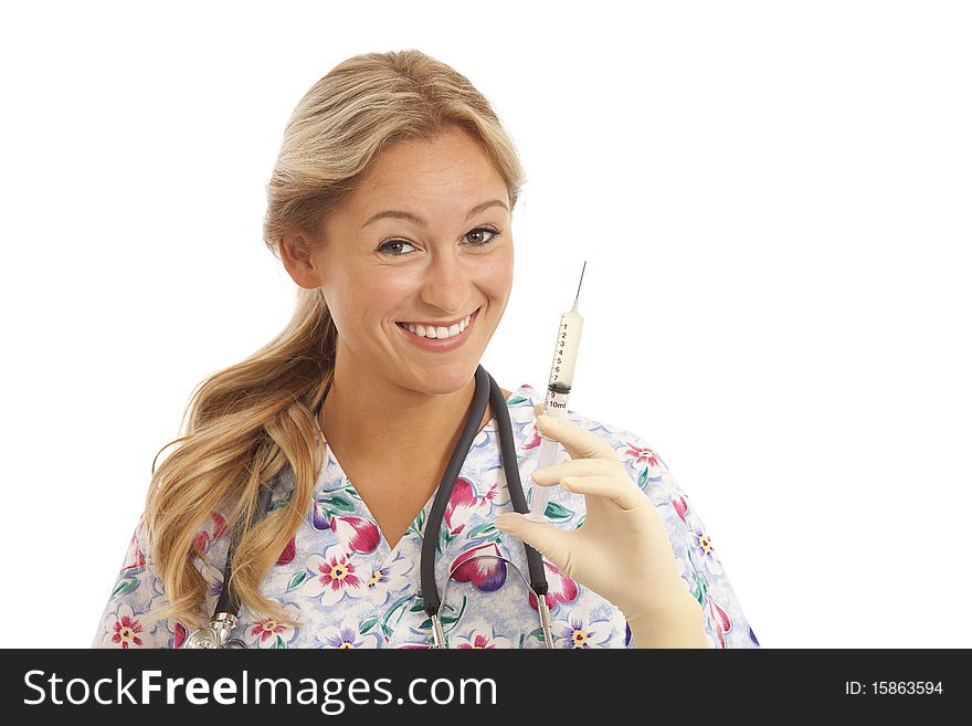 Portrait of young nurse with stethoscope and syringe