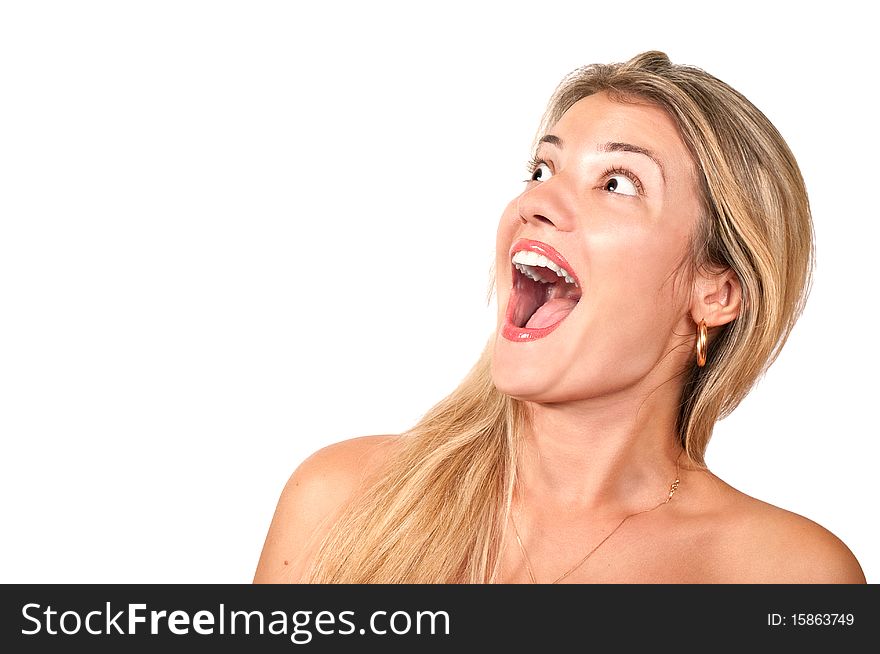 Isolated beautiful blond girl smiling and screaming. Isolated beautiful blond girl smiling and screaming