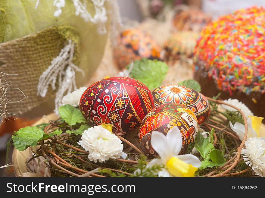 Traditional russian Easter table: cake and colored eggs. Traditional russian Easter table: cake and colored eggs