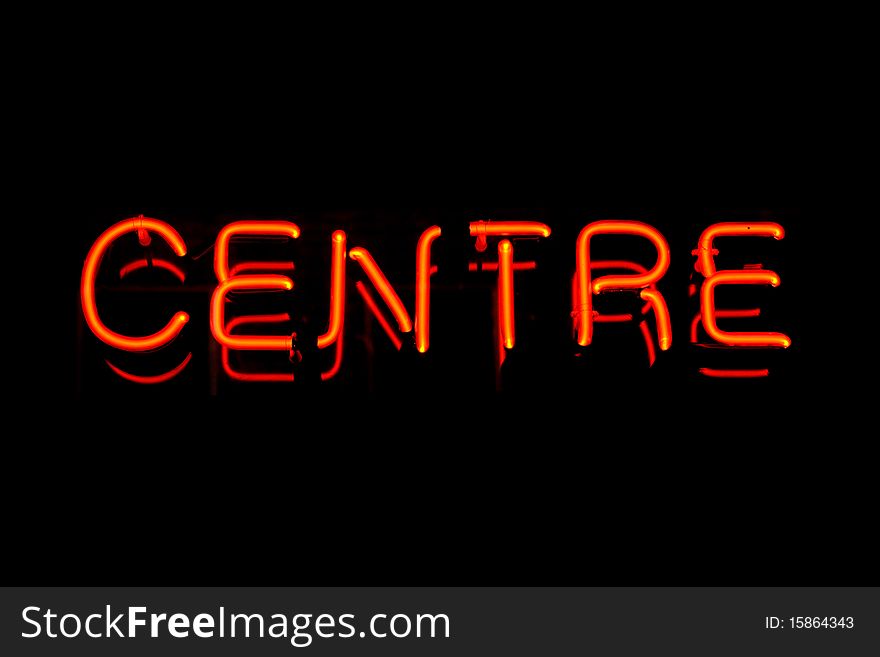 Red neon sign of the word 'Centre' on a black background. Red neon sign of the word 'Centre' on a black background.