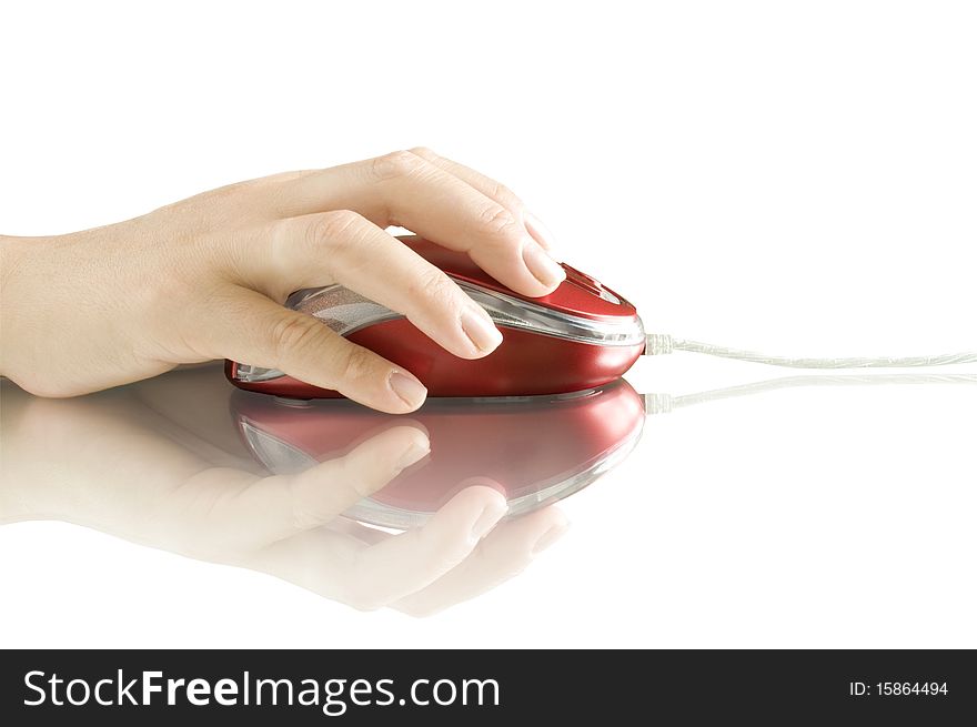 Computer mouse in hand isokared on white with reflection