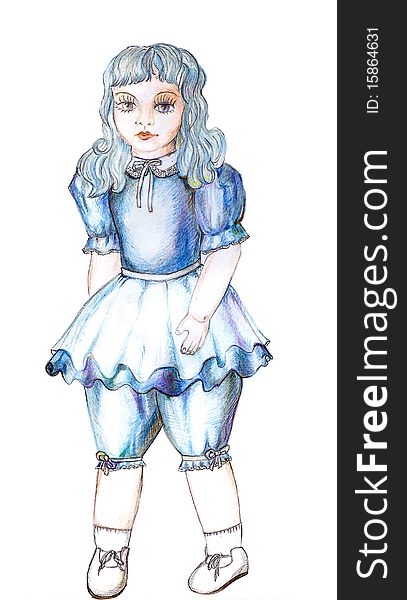 Doll depicting Fairy with Turquoise Hair. Picture by a pencil