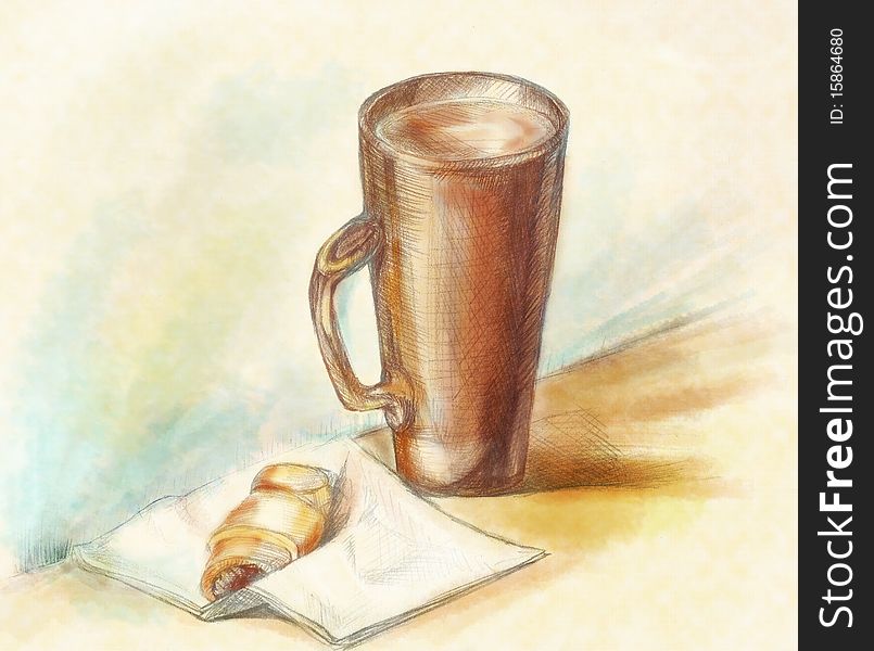 Still life with a mug and croissant. Picture by a pencil