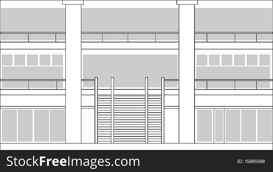 Line drawing of an interior lobby of a building or shopping center done in black and white. Line drawing of an interior lobby of a building or shopping center done in black and white