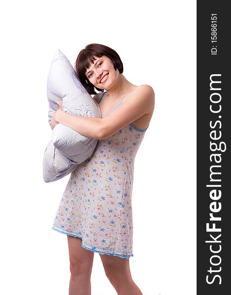 Happy Girl with pillow on white background