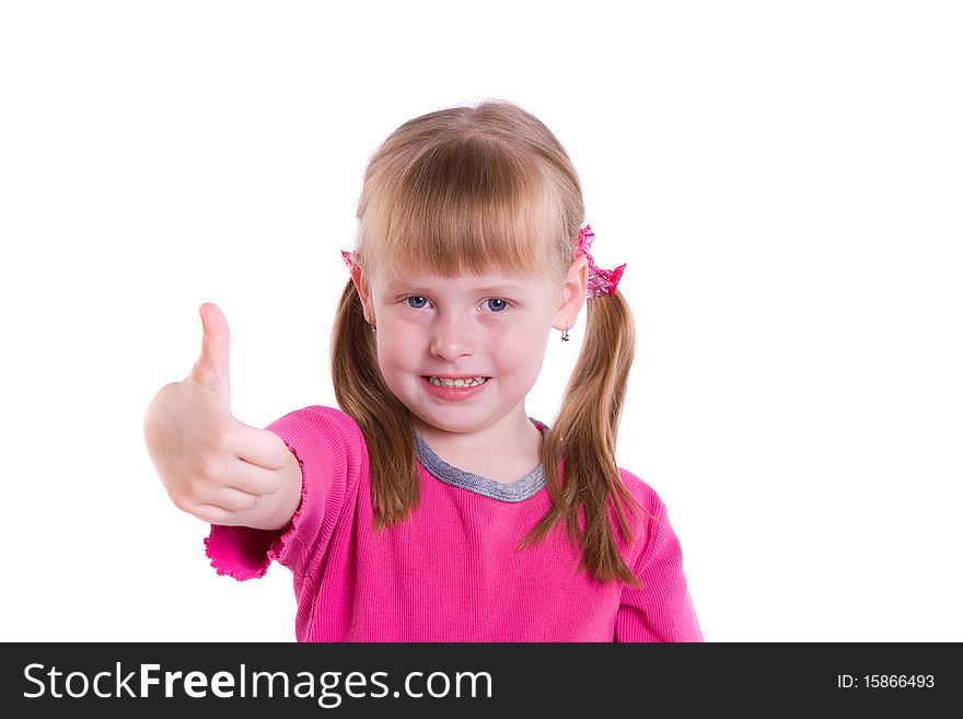 Cute little girl looking up at the camera and showing the all OK sign isolated on white. Child doing the ok sign smiling. Cute little girl looking up at the camera and showing the all OK sign isolated on white. Child doing the ok sign smiling