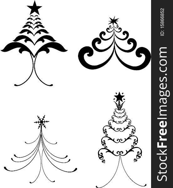 Four decorative christmas trees black isolated on white