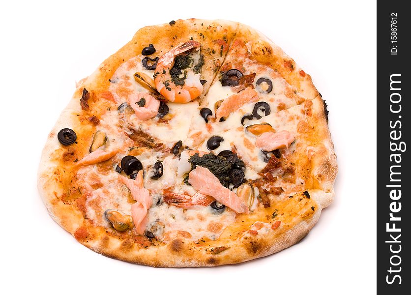 Pizza with crude Motstsarella, sauce a mafia, a cream from artichokes, shrimps, mussels, olives, sauce of Pesto, tomatoes dried and a salmon smoked. Pizza with crude Motstsarella, sauce a mafia, a cream from artichokes, shrimps, mussels, olives, sauce of Pesto, tomatoes dried and a salmon smoked