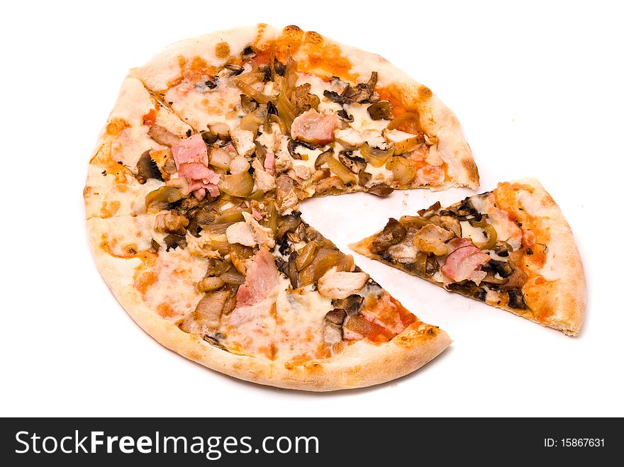 Pizza with pork and a hen, golden onions, mushrooms
