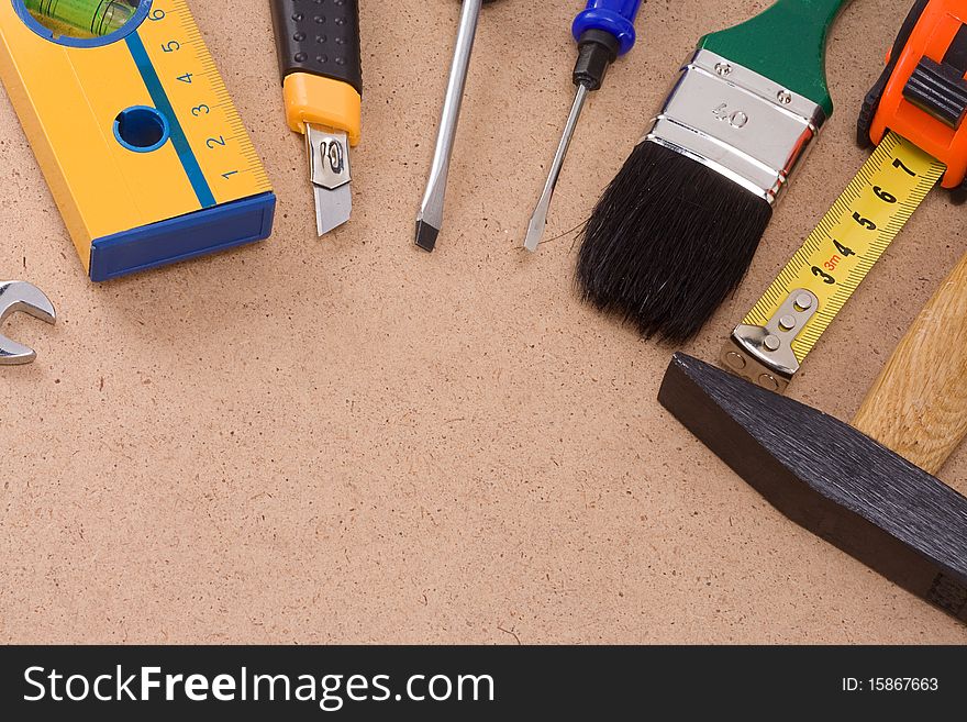 Set of tools on wood texture. Set of tools on wood texture