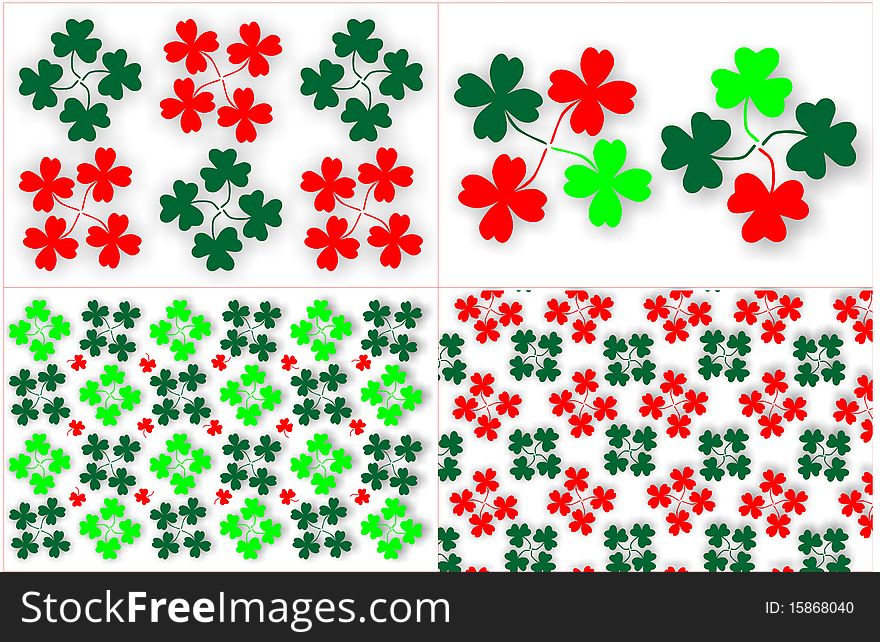 Red and green, three and four leaf lucky clovers separated on white background. Red and green, three and four leaf lucky clovers separated on white background.