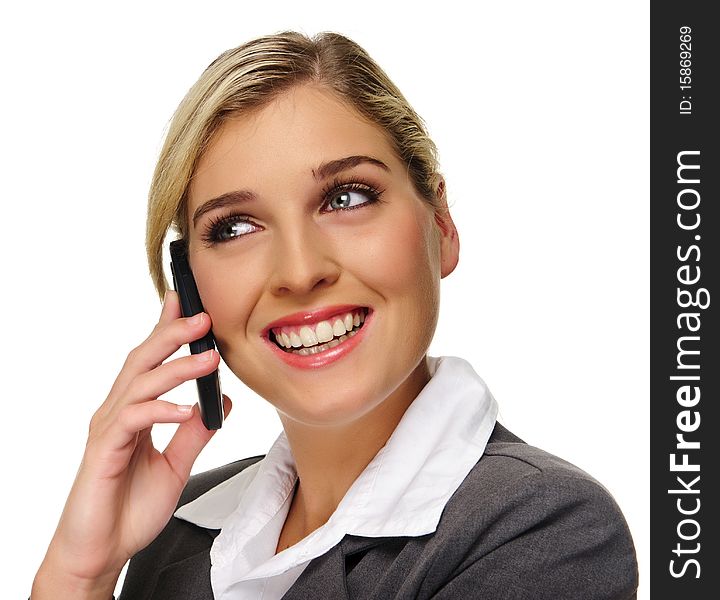 Blonde girl is happy and laughs on the phone. Blonde girl is happy and laughs on the phone