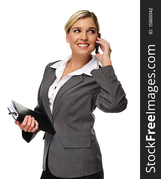 Business woman is happy and communicating on the phone. Business woman is happy and communicating on the phone