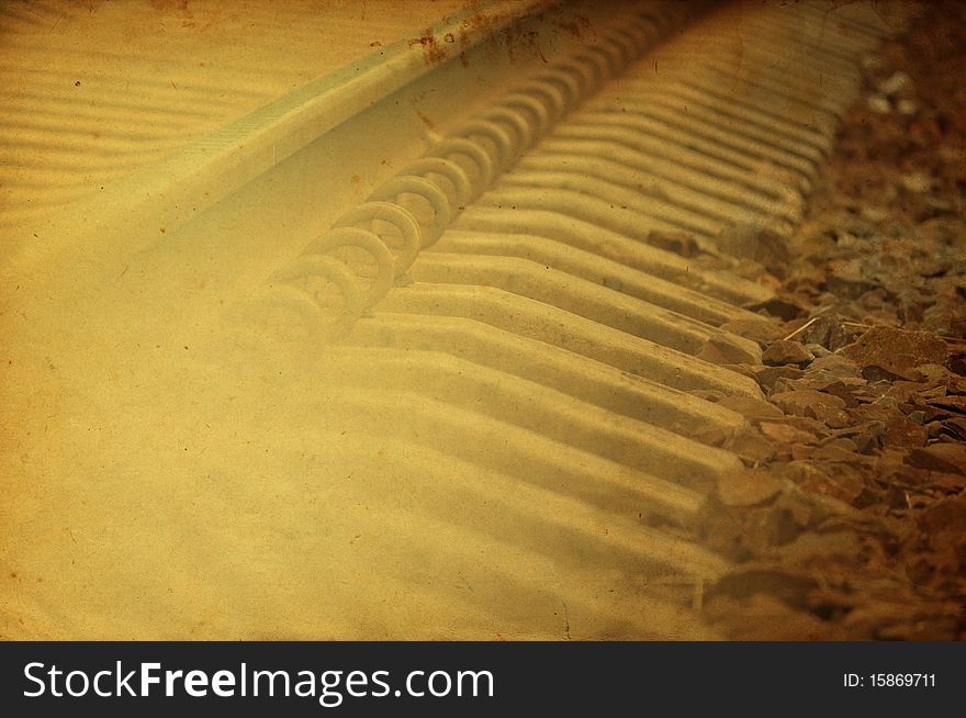 Grunge railway background with old paper texture in sepia style