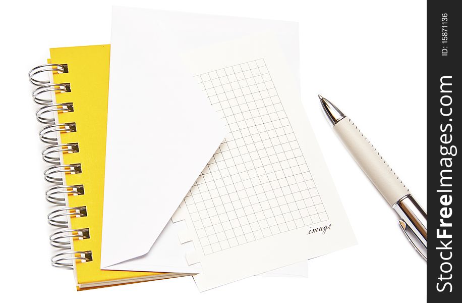 White envelope spiral notepad and pen