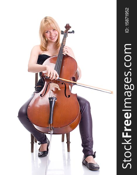Girl with a cello with a white background