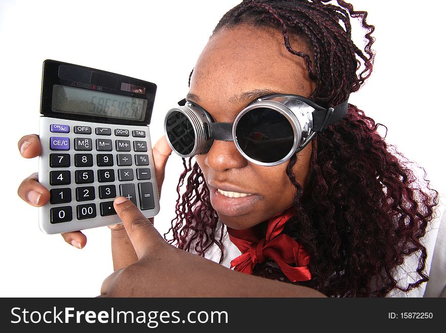 Afro american with calculator isolated on white. Afro american with calculator isolated on white