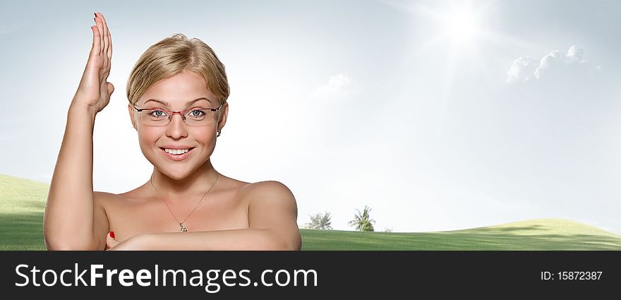 High key portrait of young beautiful woman in glasses. High key portrait of young beautiful woman in glasses