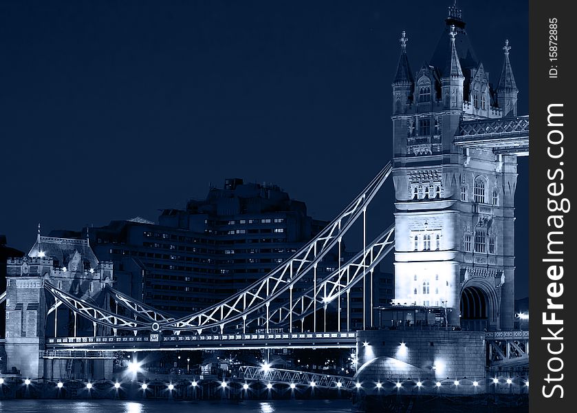 Tower Bridge in Lodon. Photograph taken right after sunset. The photo has been turned into B/W and then colored with a light blue tint. Tower Bridge in Lodon. Photograph taken right after sunset. The photo has been turned into B/W and then colored with a light blue tint