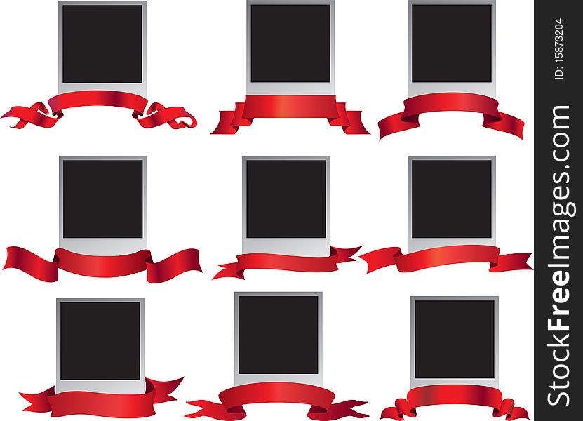 Photo frames with red ribbons or banners. Photo frames with red ribbons or banners