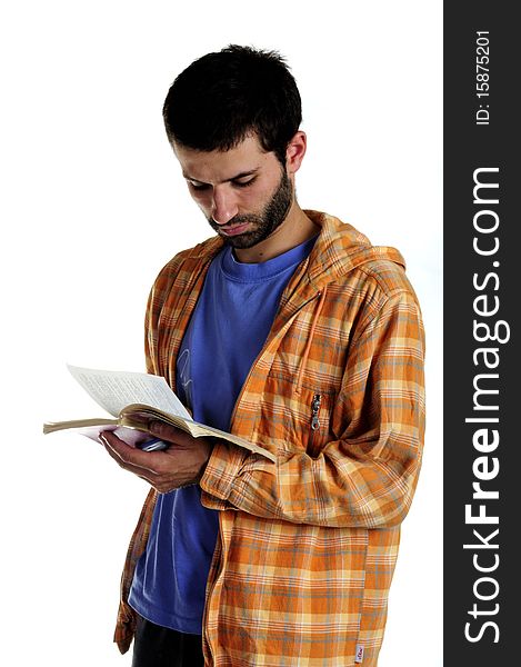 Young man reading book isolated on white background