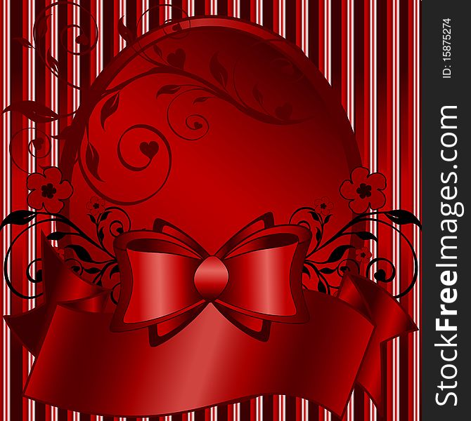 Vector illustration of celebratory card, with red ribbon, bow and ornament on stripped background
