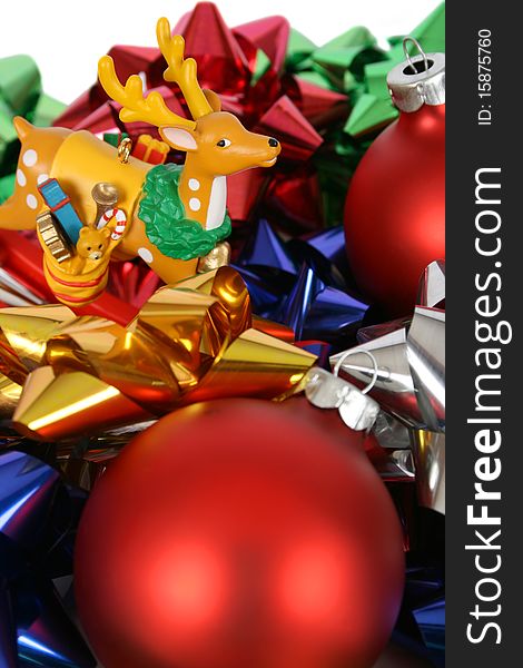 Variety of colorful Christmas decorations and bows