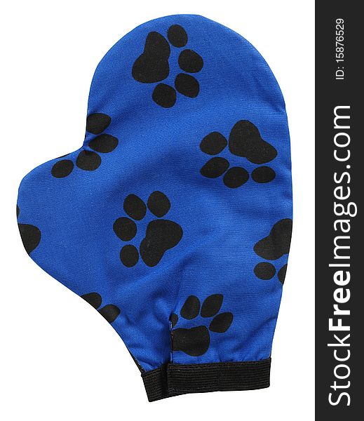 Dog foot track on blue glove. Dog foot track on blue glove.