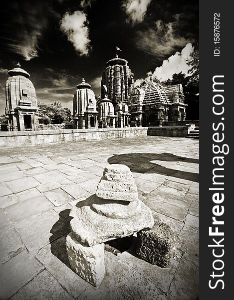 10th century built Lord Shiva temples at Mukteshwar in Orissa, India in a gritty vintage black and white image. 10th century built Lord Shiva temples at Mukteshwar in Orissa, India in a gritty vintage black and white image