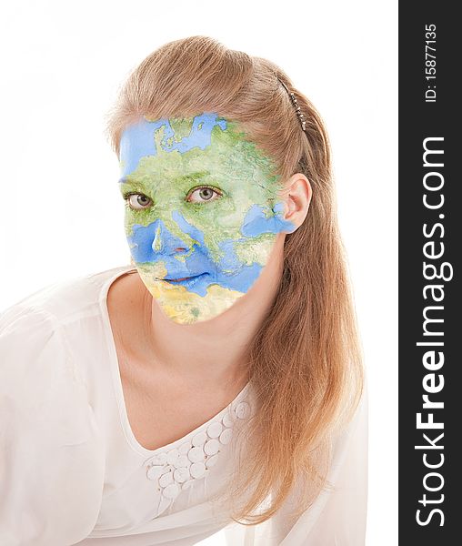 Portrait of a young girl with a map of Europe on the face. Portrait of a young girl with a map of Europe on the face
