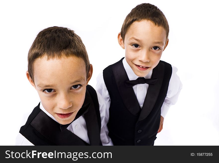 Twins playing young gangsters isolated on white