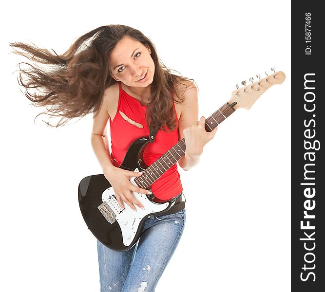 Girl with a guitar on a white background. Figure in motion.