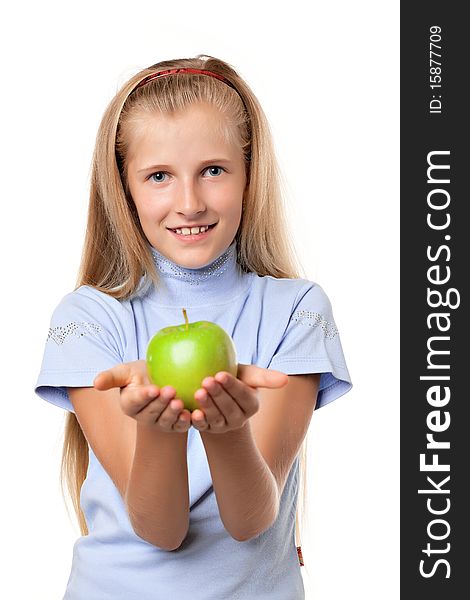 Girl with green apple on white background. Girl with green apple on white background