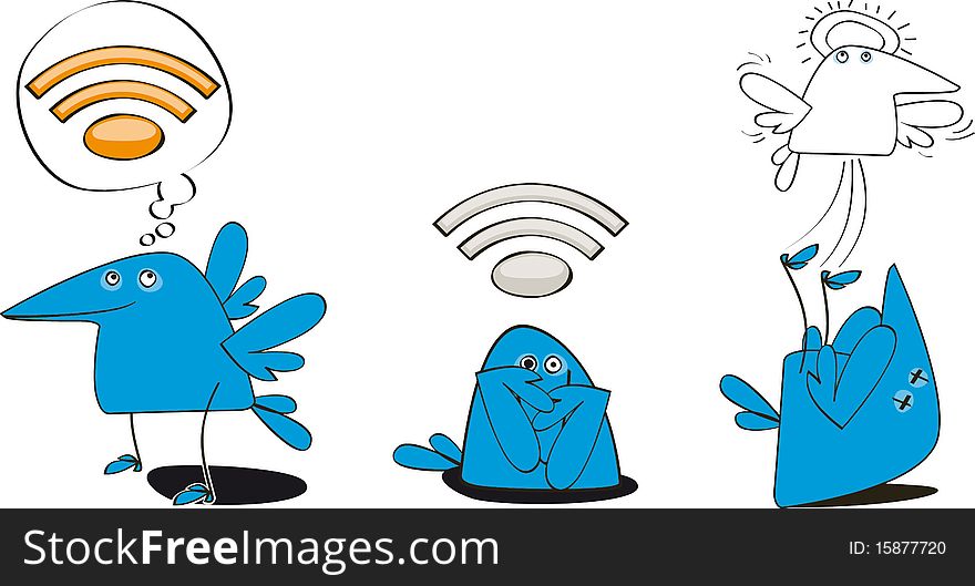 set of three funny bluebirds with RSS symbol