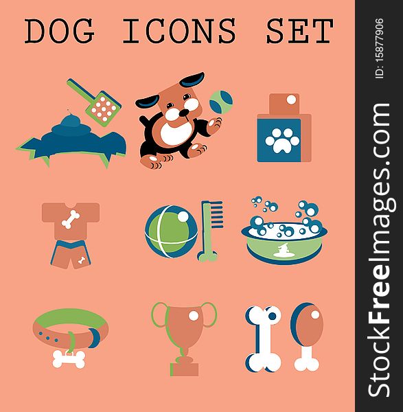 Pet icons set vector doggy health, fun, food