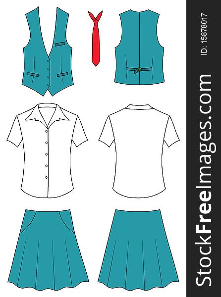 The suit of the cashier or seller (waistcoat, shirt, tie, skirt) isolated on white. EPS8 file available. The suit of the cashier or seller (waistcoat, shirt, tie, skirt) isolated on white. EPS8 file available.