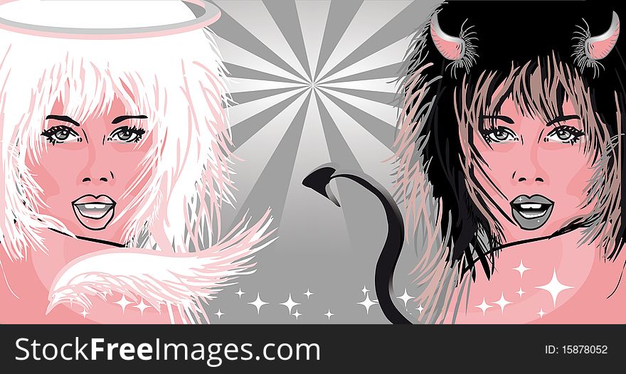 Angel and Devil beautiful Woman portraits with close up face vector background